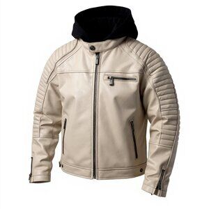 Guess Kids Hooded Faux Leather Beige Moto Jacket with Snap Collar Boys Size 12